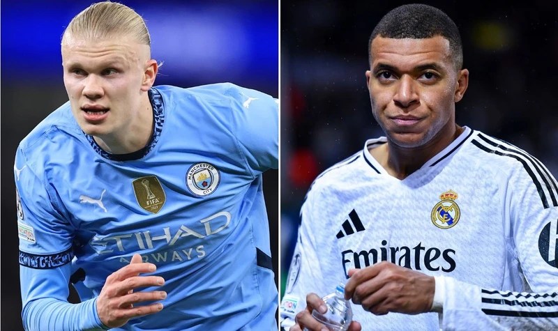 Earling Halland and kylian Mbappe having a great rivalary wearing Manchester city and Real Madrid kit.
