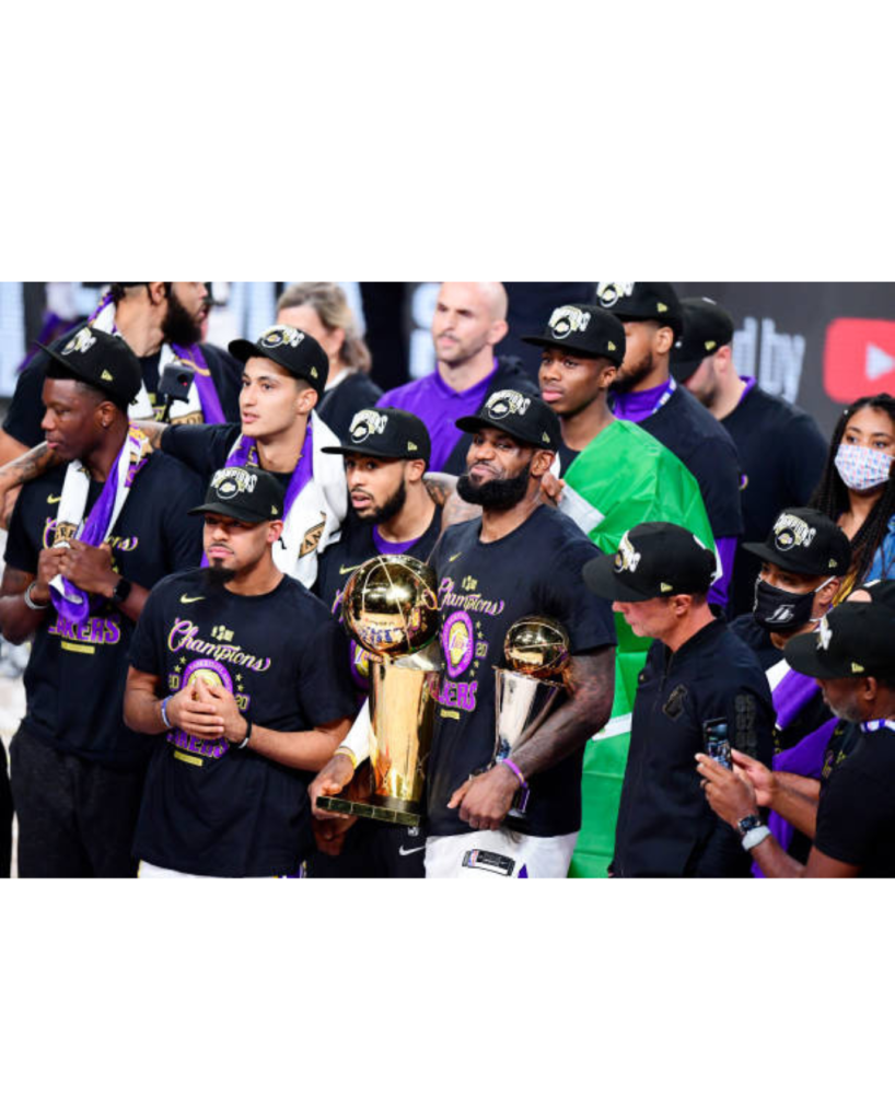 Lebron James and co lifting trophy for Lakers